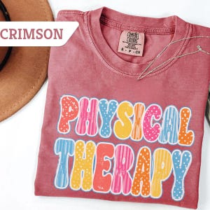 Op de afbeelding: Een karmozijnrood t-shirt met korte mouwen, een ronde hals en een Comfort Colors-merklabel. De voorkant is voorzien van de tekst PHYSICAL THERAPY in grote, dikgedrukte, veelkleurige letters met diverse patronen zoals stippen en verticale strepen.