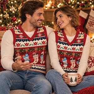 May include: A red V-neck sweater vest featuring a festive holiday pattern with hanging Christmas stockings, poinsettia flowers, and snowflakes. The knit garment is worn over a long-sleeved white thermal shirt and blue denim jeans.