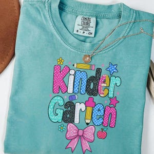 Kindergarten Teacher Shirt, Colorful Patchwork Pencil and Pink Bow Design, Back to School Gift