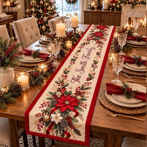 May include: A long, quilted fabric table runner featuring a cream-colored center with a red border. The design includes printed red poinsettias, green pine branches, pinecones, and red berries. The text The Smith Family is printed in black.
