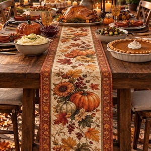 May include: A rectangular fabric table runner featuring a printed pattern of orange pumpkins, sunflowers, red and yellow autumn leaves, and clusters of berries on a cream background, bordered by a dark orange band with a repeating leaf motif.