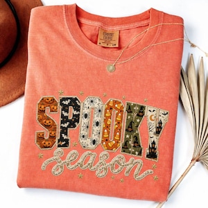 Spooky Season Halloween Shirt, Patchwork Applique Style with Pumpkins Bats and Witch Hats