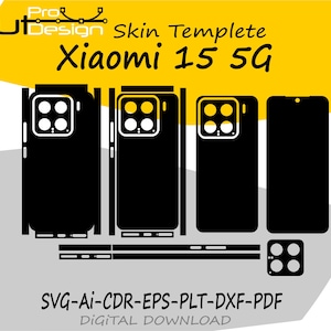 May include: Black skin template design for Xiaomi 15 5G phones. The design includes outlines for the phone's front, back, and sides, with cutouts for the camera and other features. The image also includes the text "Cut Design" and "Skin Templete".