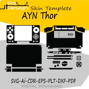 May include: Black and white skin template design for the AYN Thor handheld gaming device. The design includes outlines for the device's front, back, and button layout, with the text "AYN Thor" and "SVG-AI-CDR-EPS-PLT-DXF-PDF DIGITAL DOWNLOAD".