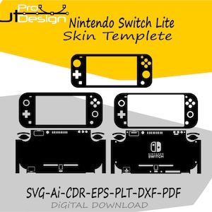 Puede incluir: Diseño de plantilla en blanco y negro para una skin de Nintendo Switch Lite. El diseño incluye contornos de la consola y sus componentes, con el texto "Nintendo Switch Lite Skin Templete" y "SVG-AI-CDR-EPS-PLT-DXF-PDF DIGITAL DOWNLOAD".