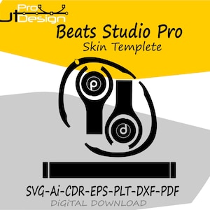 Puede incluir: Gráfico en blanco y negro de una plantilla de piel para auriculares Beats Studio Pro. El diseño incluye contornos de los auriculares y una pieza rectangular. El texto incluye "Beats Studio Pro Skin Templete" y "SVG-AI-CDR-EPS-PLT-DXF-PDF DIGITAL DOWNLOAD".
