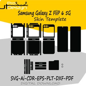 May include: Black and white skin template design for a Samsung Galaxy Z Flip 6 5G phone. The design includes various cutouts for the phone's components, with the text "Samsung Galaxy Z Flip 6 5G Skin Templete" and "SVG-AI-CDR-EPS-PLT-DXF-PDF DIGITAL DOWNLOAD".