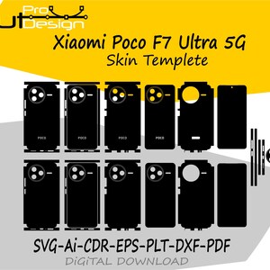 May include: A digital download graphic featuring black templates for a Xiaomi Poco F7 Ultra 5G phone skin. The design includes multiple phone back and side templates, with the word "POCO" visible on some. The text "Xiaomi Poco F7 Ultra 5G Skin Templete" is also present.