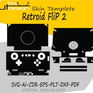 May include: A black and white digital template for a Retroid Flip 2 handheld gaming device. The design shows the front and back of the device, with cut lines for skin application. Available in SVG, AI, CDR, EPS, PLT, DXF, and PDF formats for digital download.