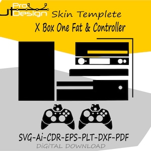 May include: A black and white digital template design for an Xbox One Fat console and controller. The image features the text "Skin Templete X Box One Fat & Controller" and "SVG-AI-CDR-EPS-PLT-DXF-PDF DIGITAL DOWNLOAD".