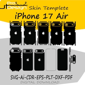 May include: Black iPhone 17 Air skin templates in various designs. The image includes multiple phone back and side templates, with the Apple logo visible. Text includes "Cut Design" and "Digital Download."
