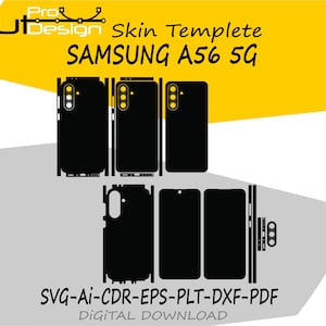 Puede incluir: Diseño de plantilla de piel negra para un teléfono Samsung A56 5G. La imagen muestra recortes para la parte delantera, trasera y laterales del teléfono. El texto incluye "Cut Design", "Skin Templete", "SAMSUNG A56 5G" y "SVG-AI-CDR-EPS-PLT-DXF-PDF DIGITAL DOWNLOAD."