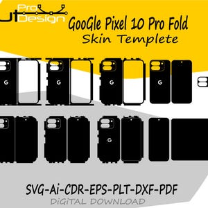 Könnte beinhalten: Schwarz-weiß digitale Designvorlagen für ein Google Pixel 10 Pro Fold-Telefon. Das Bild enthält verschiedene Handy-Skin-Vorlagen, mit dem Google-Logo. Der Text "Google Pixel 10 Pro Fold Skin Templete" ist zu sehen.