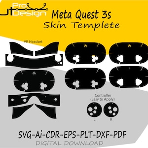 Puede incluir: Plantilla de piel negra para auriculares y mandos VR Meta Quest 3s. Incluye varias formas recortadas para los auriculares y los mandos. El texto de la imagen dice "Meta Quest 3s Skin Template" y "SVG-AI-CDR-EPS-PLT-DXF-PDF DIGITAL DOWNLOAD."