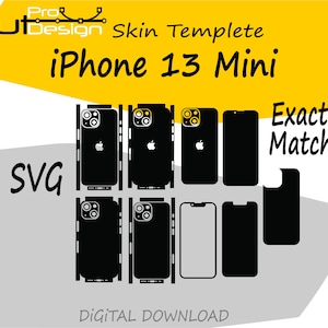 May include: A digital skin template for an iPhone 13 Mini, showing black outlines of the phone's parts. The design includes the text "iPhone 13 Mini," "SVG," "Exact Match," and "Digital Download."