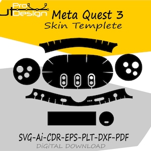 Op de afbeelding: Zwart Meta Quest 3 skin template ontwerp met diverse uitgesneden vormen. Het ontwerp bevat de tekst "Meta Quest 3 Skin Templete" en "SVG-AI-CDR-EPS-PLT-DXF-PDF DIGITAL DOWNLOAD".