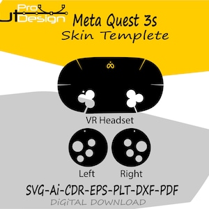 Puede incluir: Una plantilla de diseño digital en blanco y negro para una máscara de auriculares de realidad virtual Meta Quest 3s. El diseño incluye el contorno de los auriculares, plantillas de controlador izquierdo y derecho y opciones de formato de archivo. Se muestra el texto "Meta Quest 3s Skin Templete".