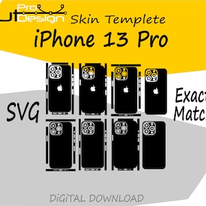Puede incluir: Un diseño digital para una plantilla de skin de iPhone 13 Pro. La imagen presenta múltiples contornos de teléfonos negros con acentos blancos, el logotipo de Apple y el texto "iPhone 13 Pro". El diseño incluye el texto "SVG", "Exact Match" y "Digital Download".