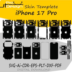 Può includere: Modelli di skin neri per iPhone 17 Pro in vari design. L'immagine include più skin per la parte posteriore e i lati del telefono, con ritagli per la fotocamera e il logo Apple. Il testo include "Cut Design" e "iPhone 17 Pro".
