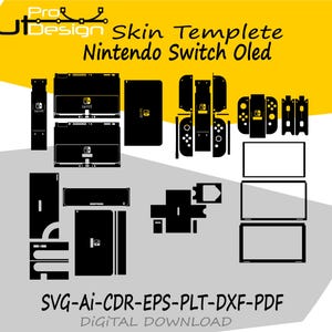 May include: Black skin template for a Nintendo Switch OLED, featuring various cut-out designs for the console and controllers. The image includes the text "Skin Templete Nintendo Switch Oled" and "SVG-AI-CDR-EPS-PLT-DXF-PDF DIGITAL DOWNLOAD".