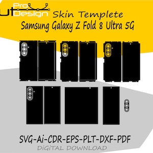 May include: A digital skin template for the Samsung Galaxy Z Fold 8 Ultra 5G, featuring black vector outlines of phone components including camera modules and panels. The text reads Pro Cut Design, Skin Templete, Samsung Galaxy Z Fold 8 Ultra 5G, and SVG-Ai-CDR-EPS-PLT-DXF-PDF.