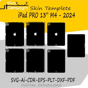 May include: Black iPad Pro 13" M4 - 2024 skin template design. The image shows multiple black templates with the Apple logo. The text "Cut Design" and "SVG-AI-CDR-EPS-PLT-DXF-PDF DIGITAL DOWNLOAD" are also visible.