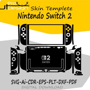 May include: Black and white skin template for a Nintendo Switch 2, featuring the console and detachable controllers. The design includes the text "Nintendo Switch 2" and file type information: SVG-AI-CDR-EPS-PLT-DXF-PDF. The background is yellow and gray.