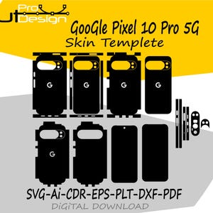 May include: Black skin template for a Google Pixel 10 Pro 5G phone. The design includes multiple cutouts for the phone's components, with the letter "G" visible on several pieces. The text "Google Pixel 10 Pro 5G Skin Templete" is displayed.