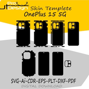 May include: Black skin templates for a OnePlus 15 5G phone, featuring various cutouts for the camera and other features. The image includes the text "Skin Templete OnePlus 15 5G" and "SVG-AI-CDR-EPS-PLT-DXF-PDF DIGITAL DOWNLOAD."