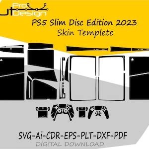 Puede incluir: Plantilla digital en blanco y negro para una skin de PS5 Slim Disc Edition 2023. El diseño incluye contornos para la consola, los mandos y los accesorios. El texto "PS5 Slim Disc Edition 2023 Skin Templete" es visible.