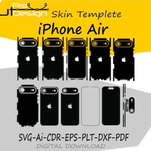 May include: Black iPhone Air skin templates in various designs, with the Apple logo visible. The image includes the text "Cut Design" and "iPhone Air" in a yellow and black design. The bottom of the image includes the text "SVG-AI-CDR-EPS-PLT-DXF-PDF DIGITAL DOWNLOAD."