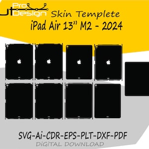 May include: Black skin template for iPad Air 13" M2 - 2024, featuring multiple cut-out designs. The image includes the text "Cut Design" and "Skin Template". The file formats are SVG, AI, CDR, EPS, PLT, DXF, and PDF.