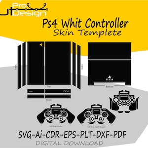 Puede incluir: Plantilla digital en blanco y negro para una skin de mando de PS4. El diseño incluye contornos para la consola y el mando, etiquetados con "Top", "Sides", "Front" y "Bottom". El texto "Ps4 Whit Controller Skin Templete" es visible.