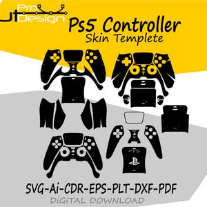 Puede incluir: Plantilla de skin negra para mando de PS5, con varias formas recortadas para el mando y sus componentes. El diseño incluye el texto "Ps5 Controller Skin Templete" y "SVG-AI-CDR-EPS-PLT-DXF-PDF DIGITAL DOWNLOAD" en un esquema de color amarillo y gris.