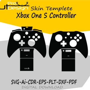 May include: A black and white skin template for an Xbox One S controller. The image shows two controller outlines with button and port details. Text includes "Cut Design", "Skin Templete", "Xbox One S Controller", and "SVG-AI-CDR-EPS-PLT-DXF-PDF DIGITAL DOWNLOAD".