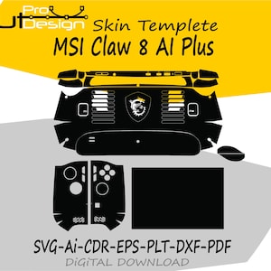 Könnte beinhalten: Schwarze Skin-Vorlage für das MSI Claw 8 AI Plus-Spielgerät. Das Design umfasst Aussparungen für das Gehäuse, die Tasten und ein Logo des Geräts. Das Bild enthält auch den Text "SVG-AI-CDR-EPS-PLT-DXF-PDF DIGITAL DOWNLOAD".