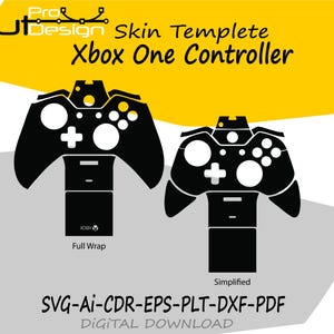 Op de afbeelding: Zwart-witte skin-sjabloonontwerpen voor Xbox One-controllers. De afbeelding toont twee controller-omtrekken, één met het label "Full Wrap" en de andere "Simplified". Tekst bevat "Skin Templete Xbox One Controller" en bestandsformaatopties: SVG, AI, CDR, EPS, PLT, DXF en PDF.