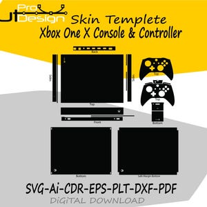Könnte beinhalten: Schwarz-weiß digitale Vorlage für ein Xbox One X Konsolen- und Controller-Skin. Das Design umfasst Umrisse für Konsole, Controller und verschiedene Teile, mit Bezeichnungen wie "Oben", "Unten" und "Seiten". Der Text "Skin Template Xbox One X Console & Controller" ist sichtbar.