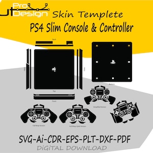 Puede incluir: Plantilla de piel negra para consola y mando PS4 Slim. El diseño incluye vistas superior, inferior, frontal y lateral, junto con diseños de mando. El texto incluye "Skin Template PS4 Slim Console & Controller" y "SVG-AI-CDR-EPS-PLT-DXF-PDF DIGITAL DOWNLOAD."