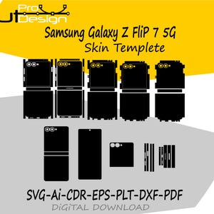 Puede incluir: Diseño de plantilla de piel negra para el Samsung Galaxy Z Flip 7 5G. La imagen muestra varios recortes para los componentes del teléfono, incluyendo la parte delantera, trasera y laterales. Se muestra el texto "Samsung Galaxy Z Flip 7 5G Skin Templete".