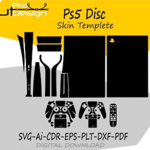 Op de afbeelding: Zwart-wit digitaal sjabloon voor een PS5 Disc skin. Het ontwerp bevat contouren voor de console, controllers en afstandsbediening. Tekst bevat "Ps5 Disc Skin Templete" en "SVG-AI-CDR-EPS-PLT-DXF-PDF DIGITAL DOWNLOAD".