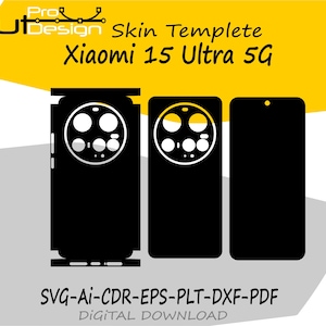 Könnte beinhalten: Schwarze Handy-Skin-Vorlage für Xiaomi 15 Ultra 5G. Das Design umfasst drei schwarze Vorlagen mit weißen und gelben Akzenten. Der Text "Cut Design" und "Skin Templete" sind sichtbar.
