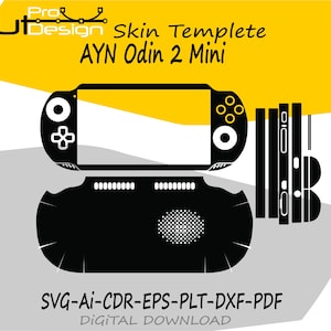 Puede incluir: Diseño de plantilla de skin en blanco y negro para el dispositivo de juegos portátil AYN Odin 2 Mini. El diseño incluye los paneles frontal, trasero y laterales del dispositivo, con el texto "Skin Templete AYN Odin 2 Mini" y "SVG-AI-CDR-EPS-PLT-DXF-PDF DIGITAL DOWNLOAD".