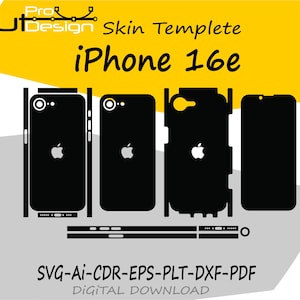 Könnte beinhalten: Schwarzes iPhone 16e Skin-Template-Design mit dem Apple-Logo. Das Bild enthält mehrere Telefonumrisse, ein gelbes Banner mit dem Text "Cut Design" und "iPhone 16e". Der untere Teil des Bildes enthält den Text "SVG-Ai-CDR-EPS-PLT-DXF-PDF DIGITAL DOWNLOAD".