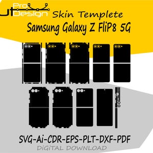以下が含まれることがあります： Samsung Galaxy Z Flip8 5G用のデジタルスキンテンプレート。電話の外装パネル、カメラの切り抜き、サイドボタンの黒いベクターアウトラインが特徴です。テキストには「Pro Cut Design Skin Templete Samsung Galaxy Z Flip8 5G SVG-Ai-CDR-EPS-PLT-DXF-PDF」と記載されています。