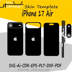 May include: Black iPhone 17 Air skin template with the Apple logo. The design includes templates for the back, sides, and camera area. The image also includes the text "Cut Design" and "Skin Template" and "iPhone 17 Air". The file formats are SVG, AI, CDR, EPS, PLT, DXF, and PDF.