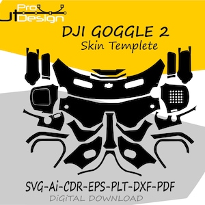 May include: Black and white graphic of a DJI Goggle 2 skin template. The design is composed of various geometric shapes and outlines, with the text "DJI GOGGLE 2 Skin Templete" and "SVG-AI-CDR-EPS-PLT-DXF-PDF DIGITAL DOWNLOAD". The background is gray and yellow.