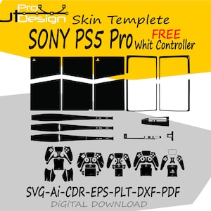 Puede incluir: Una plantilla de piel de descarga digital en blanco y negro para una SONY PS5 Pro, que incluye una plantilla de controlador gratuita. El diseño incluye varias formas recortadas para la consola y el controlador. También incluye el texto "SVG-AI-CDR-EPS-PLT-DXF-PDF DIGITAL DOWNLOAD."