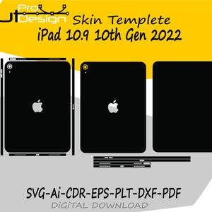 以下が含まれることがあります： iPad 10.9 10th Gen 2022 用の黒い iPad スキン テンプレート。デバイスの前面、背面、側面図が含まれています。 Apple のロゴが表示されます。「Cut Design」と「Skin Template」のテキストが表示されます。