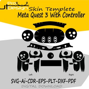 May include: Black and white skin template design for a Meta Quest 3 with controller. The design includes various cut-out shapes for the device and controllers. Text includes "Skin Templete Meta Quest 3 With Controller" and "SVG-AI-CDR-EPS-PLT-DXF-PDF DIGITAL DOWNLOAD."